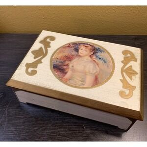 Vintage Distressed Art Portrait Wooden Jewelry Box Lined Holiday Imports